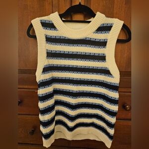 Loft Women Sweater Vest M Blue White Stripe Crew Neck